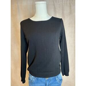 Mango Black Knit Sweater XS Gold Button Back Minimalist Lightweight
